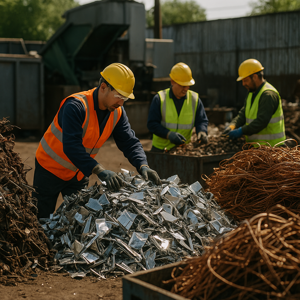Team sorting mixed metal scrap for grading